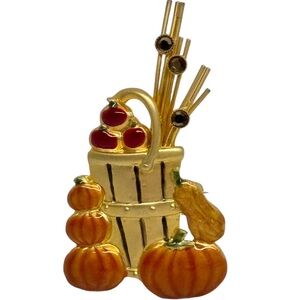 Signed KC Fall Autumn Brooch with Rhinestones Pumpkins Apples in a Basket Squash